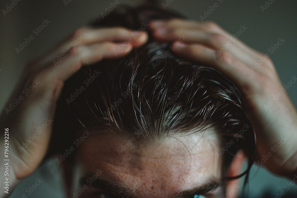 Naklejka premium Close up image of hands touch hair created with generative ai concept