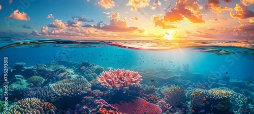 Golden hour sunset on great barrier reef  coral marine ecosystem split view in queensland, australia © Andrei