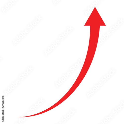Growing red arrow up isolated on white background, Growth chart sign. Flexible arrow indication statistic. Trade infographic, Vector illustration.
