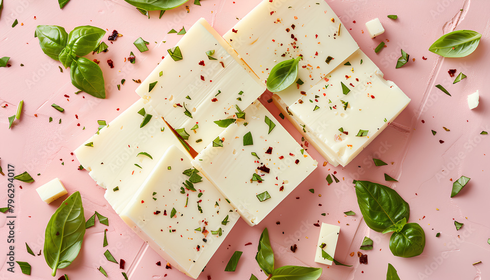 Fototapeta premium Slices of tasty processed cheese with herbs on pink tile background