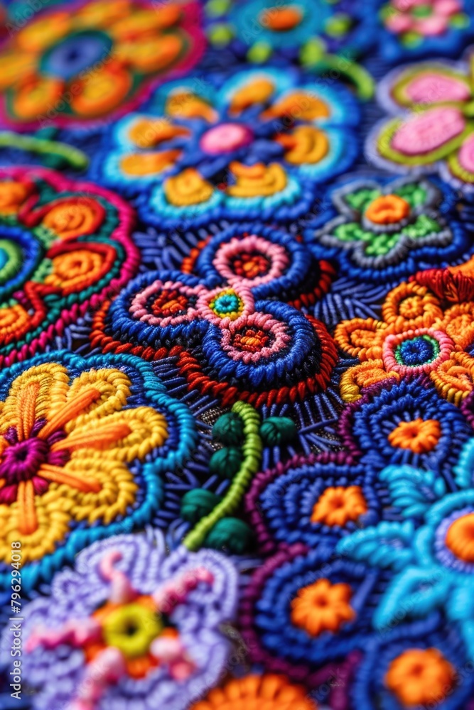 Detailed close up of a colorful embroidered design. Perfect for textile or fashion projects Detailed close up of a colorful embroidered design. Perfect for textile or fashion projects