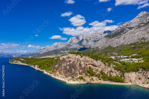 Aerial drone view . Beautiful coastline, clear sea from a bird's eye view of Dalmatia, Croatia. Makarska Riviera, famous and tourist place in Europe