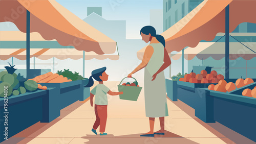 A mother and her young daughter strolling through a bustling outdoor market carefully selecting fresh locallygrown fruits and vegetables to fill