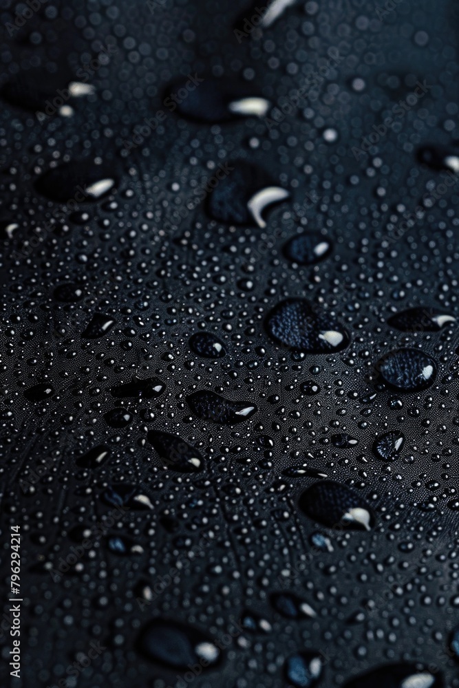 Close up of water droplets on black surface, suitable for backgrounds