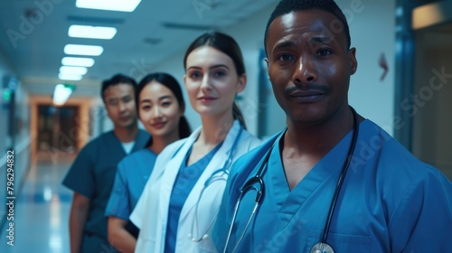 A group of doctors standing in a hallway. Perfect for medical and healthcare concepts