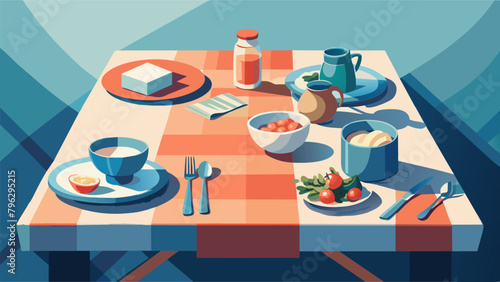 A watercolor painting of a kitchen table set for a meal featuring all homemade and unpackaged food items. The tablecloth is made from reusable