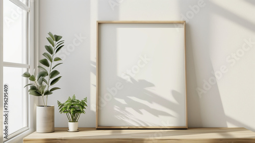 Minimalist interior with framed blank canvas, houseplants by window. Generative AI