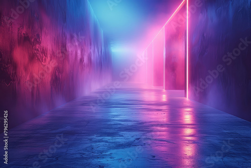 Abstract neon background with glowing blue and pink arches. A wide corridor leading to the horizon, with water reflections on the floor. Created with Ai
