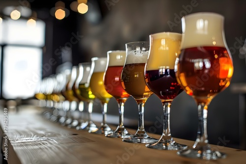 Row of various beer glasses filled with different types of beer. Concept Beer Glasses, Various Types, Tasting Flight, Brewery Tour, Craft Beers photo