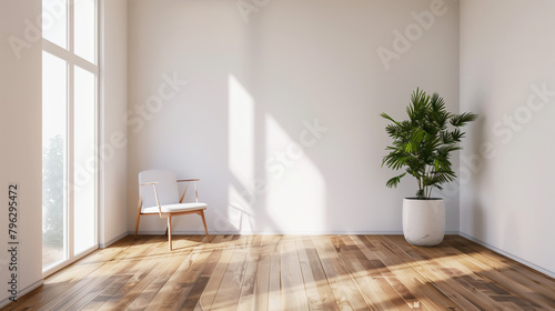Bright minimalist room with wooden floor, chair, and potted plant by the window. Generative AI
