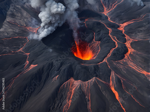 A volcano that is erupting, emitting thick smoke from its crater, natural conservation and natural disasters photo