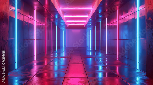 Futuristic corridor with neon lighting in red and blue hues. Generative AI