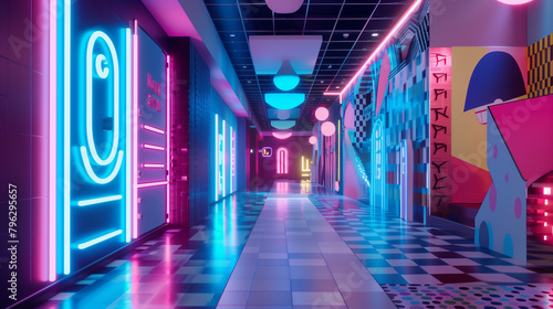 Neon-lit futuristic corridor with abstract geometric decor and vibrant colors. Generative AI
