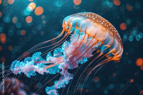 A jellyfish floating in the water with bubbles in the background. Suitable for marine life concepts