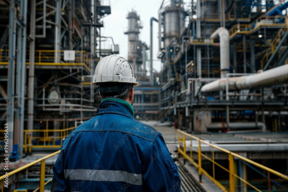 Industry professional in workwear overseeing operations at an oil refinery Industry professional in workwear overseeing operations at an oil refinery
