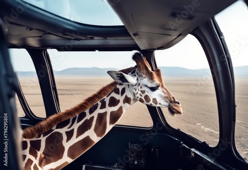 'looking giraffe s plane window welcoming portrait head long neck guest tall high africa longitude conceptual revealing spot wild animal unbelievable sky trip travel traveling holiday maker' photo