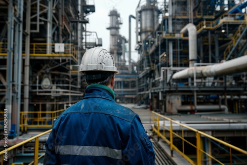 Industry professional in workwear overseeing operations at an oil refinery