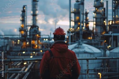 Worker contemplates the complex operations of an oil refinery at dusk