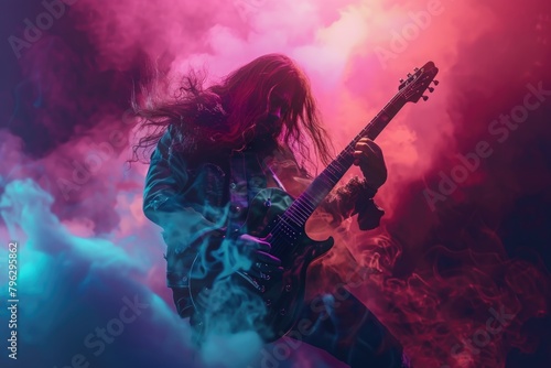 A man with long hair playing a guitar, perfect for music-related projects