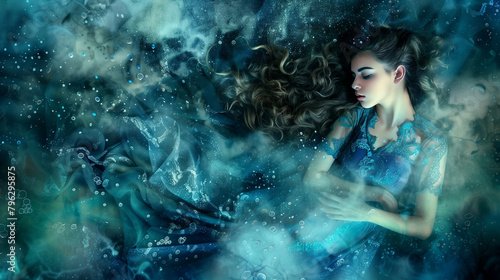 Dreamlike portrait of a woman submerged in a celestial underwater scene. Generative AI
