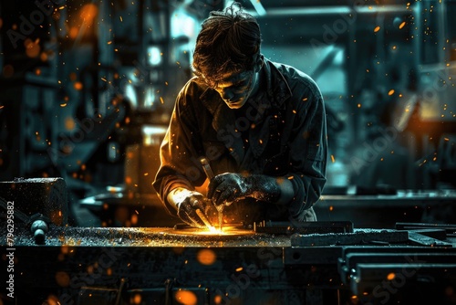 A man working on a piece of metal. Perfect for industrial and manufacturing concepts
