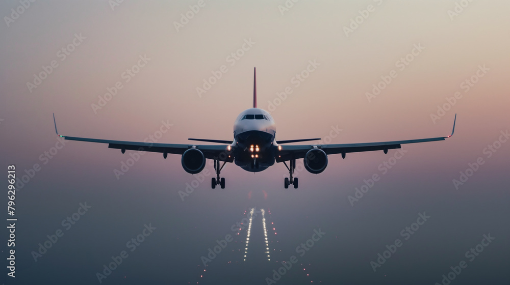 Commercial airplane landing at twilight. Generative AI Commercial airplane landing at twilight. Generative AI