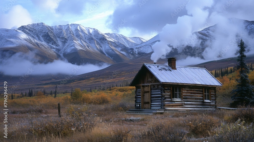 A small wooden cabin sits nestled a snowcapped mountains the only sign of human presence in a vast expanse of untouched wilderness. Smoke lazily drifts from the chimney blending in .