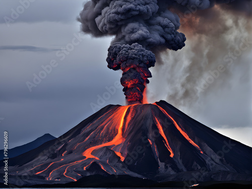 A volcano that is erupting, emitting thick smoke from its crater, natural conservation and natural disasters photo