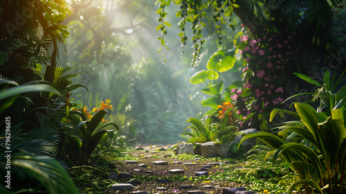 Enchanted forest pathway in morning sunlight. Copy space. Jungle background. Generative AI