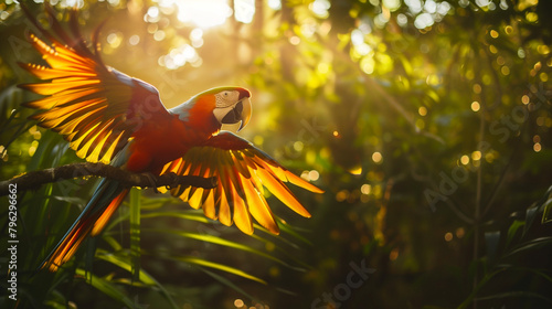 Majestic scarlet macaw in flight against a sunlit tropical backdrop. Banner with copy space. Generative AI