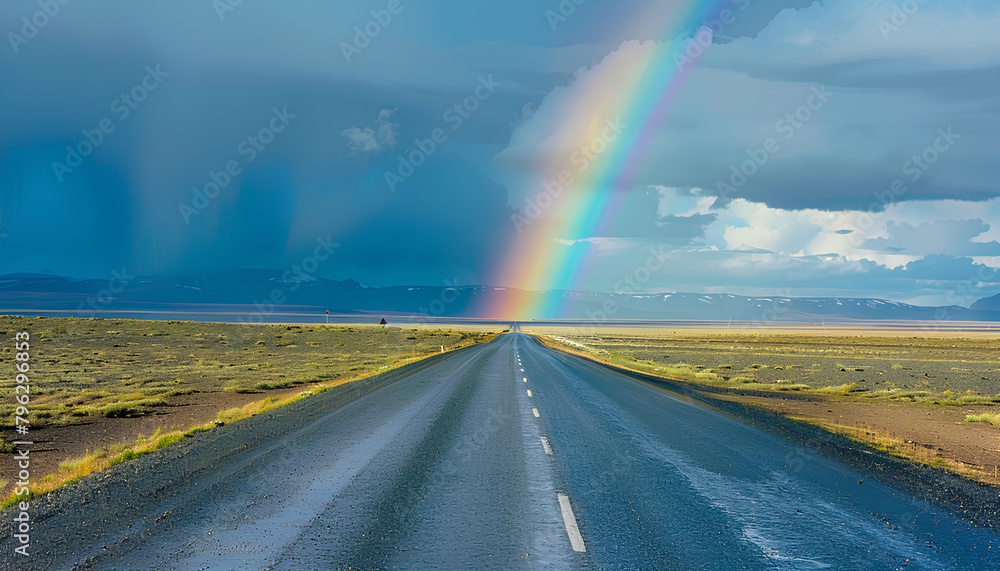 asphalt road goes beyond the horizon on one side of the sky a thunderstorm and a rainbow crosses the road asphalt road goes beyond the horizon on one side of the sky a thunderstorm and a rainbow crosses the road