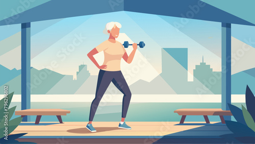 A silverhaired woman stands on one foot confidently balancing as she lifts light weights in a park pavilion showing that strength and balance