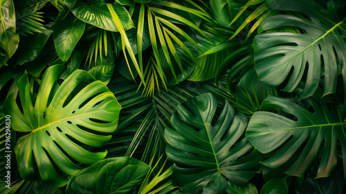 Lush tropical foliage in moody lighting. Generative AI