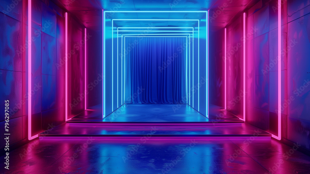 Futuristic corridor with neon lighting in red and blue hues. Generative AI