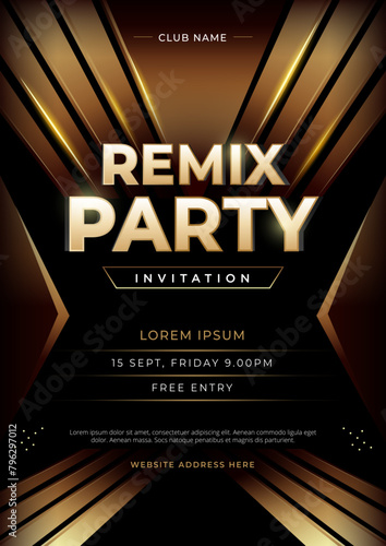 Golden Remix Party Poster Flyer Template. Vector illustration template for concert, disco, club party, event invitation, cover festival.