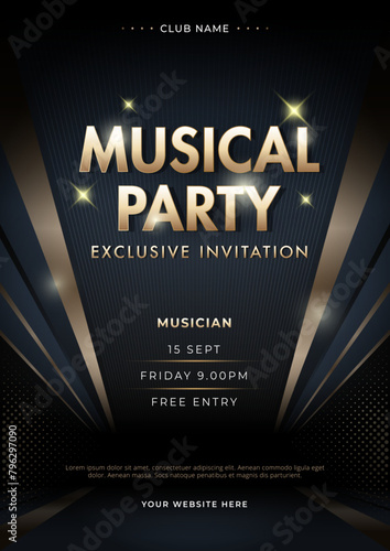 Golden Music Festival Party Poster Flyer Template. Vector illustration template for concert, disco, club party, event invitation, cover festival. © CheowKeong