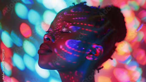 Colorful light patterns on a woman's face in a high-resolution portrait. Generative AI