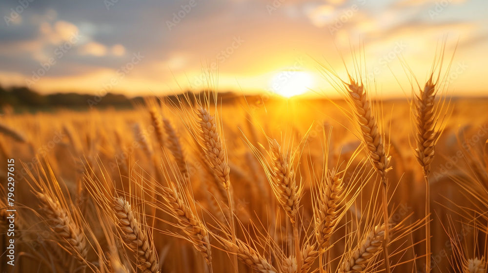 A field of golden wheat with the sun setting in the background