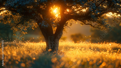 A tree with a sun shining through its branches