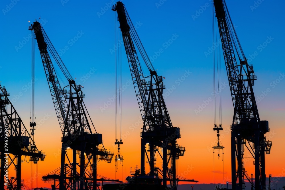 Industrial port cranes silhouetted against a vibrant sunset sky