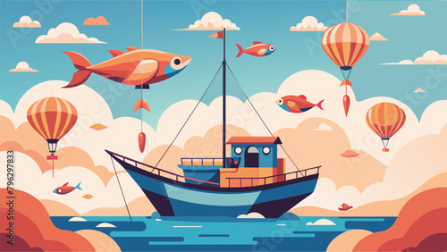 A dreamy illustration of a boat floating on a sea of seafood with the sky full of colorful hot air balloons carrying different types of fish.
