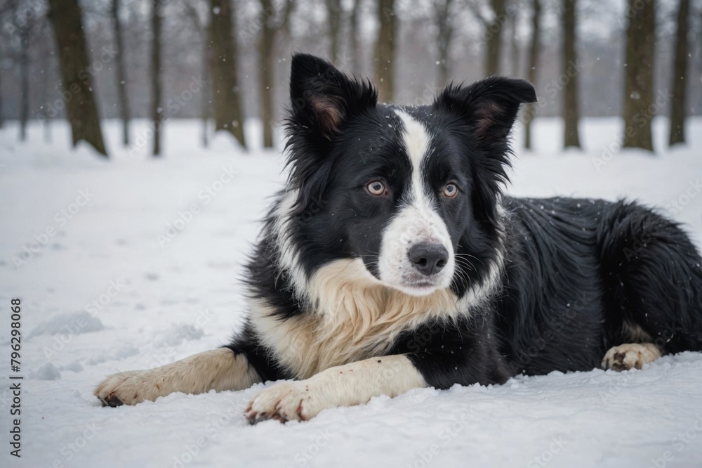 Young border collie resting in snow