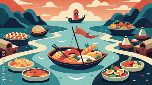 An artistic depiction of a boat navigating through a sea of beautifully plated seafood dishes from various cultures. The colorful seafood