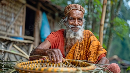 a hamlet where a bearded elder weaves bamboo baskets.