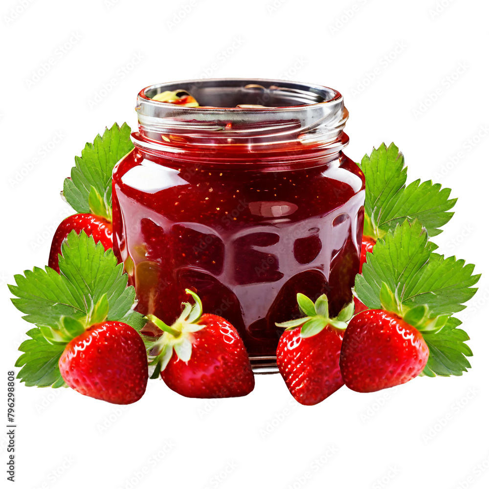 Homemade strawberry jam with whole berries in glass jars isolated on PNG background. Generative AI. Homemade strawberry jam with whole berries in glass jars isolated on PNG background. Generative AI.
