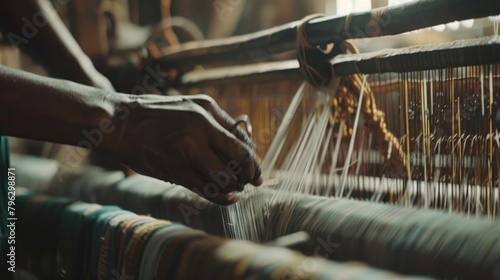 A close-up of a handloom weaver's hands working on a traditional loom, showcasing the intricate details and precision required. photo