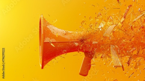 Vibrant orange megaphone breaks into pieces against a yellow gradient