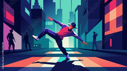 Under the neon lights of a bustling city street a street performer enthralls a crowd with their impeccable breakdancing skills every movement