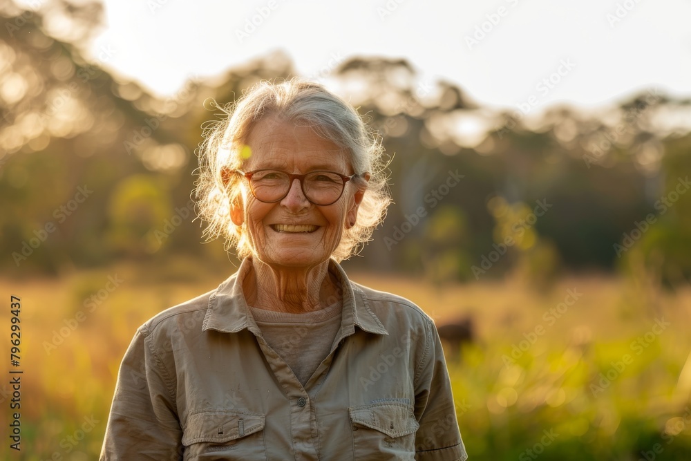 A radiant senior woman with grey hair smiles with nature's golden hour light illuminating her A radiant senior woman with grey hair smiles with nature's golden hour light illuminating her