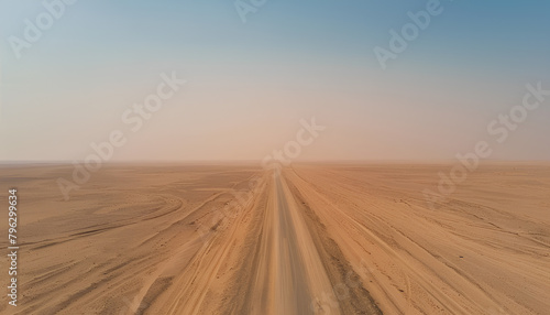 asphalted flat road through the sandy desert goes beyond the horizon © Oleksiy